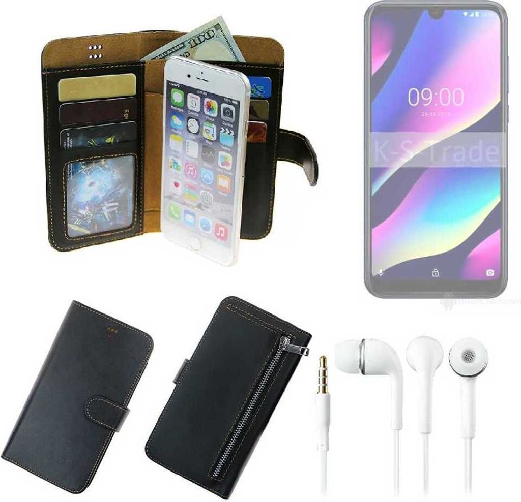 TOP SET Handy Hülle Schutz Hülle kompatibel mit Wiko View 3 Lite schwarz aus Kunstleder + Kopfhörer Smartphone Tasche vollwertige Geldbörse