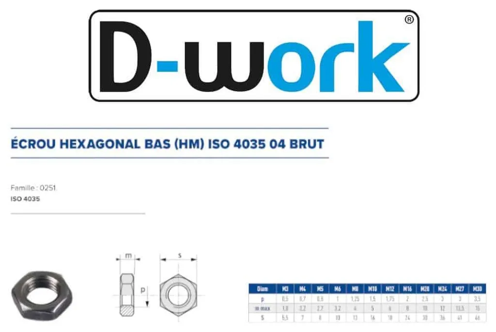 250 Écrous Hexagonaux Bas M12 mm - Modèle 4035 - Classe 4 Brut D-Work - 2