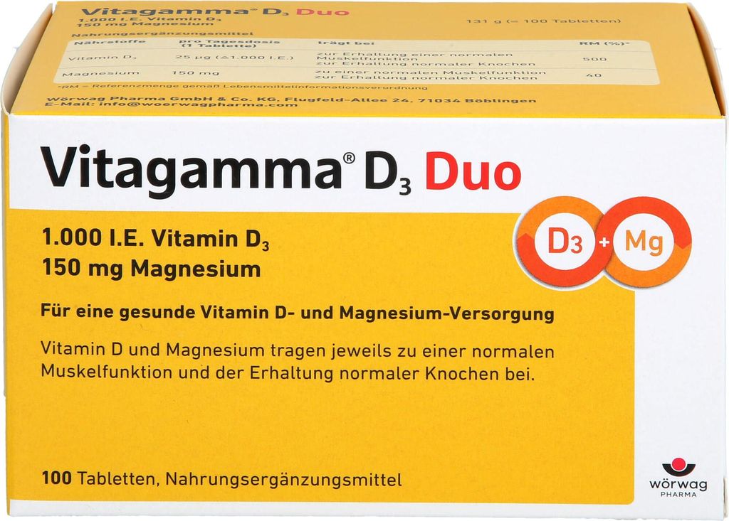 Vitagamma D3 Duo 1.000 I.E. Vitamin D3 150 mg Magnesium Tabletten, 100 St. Tabletten