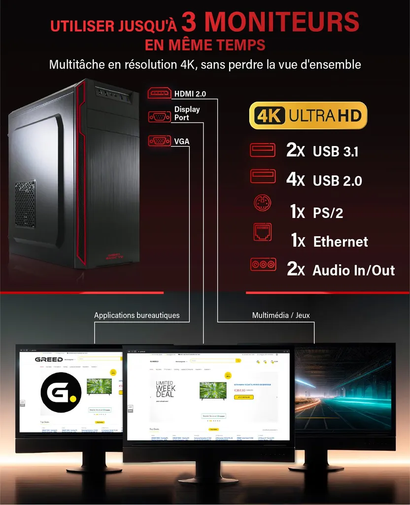 PC Fixe Greed Basic V2 - AMD Ryzen 5 4600G - 8Go RAM - 256Go SSD - Win 11 - 3