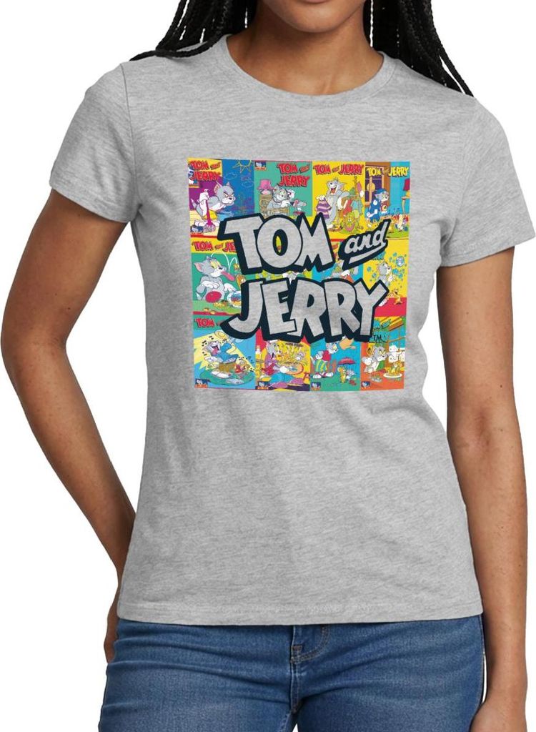 Spreadshirt Tom Und Jerry Logo Mit Vintage-Cover Collage Frauen T-Shirt, S, Grau meliert