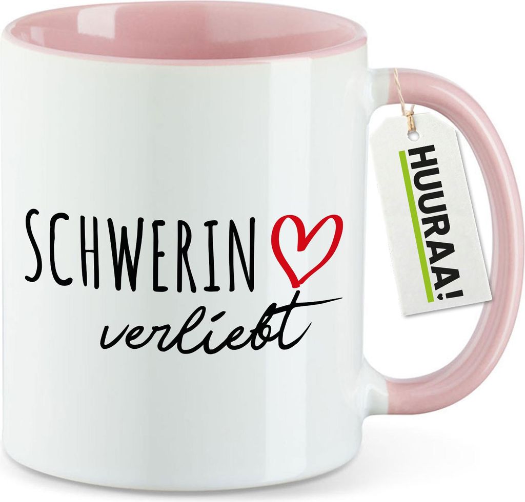 Huuraa Kaffeetasse Schwerin verliebt 330ml Rosa Keramik Kaffeebecher Geschenkidee