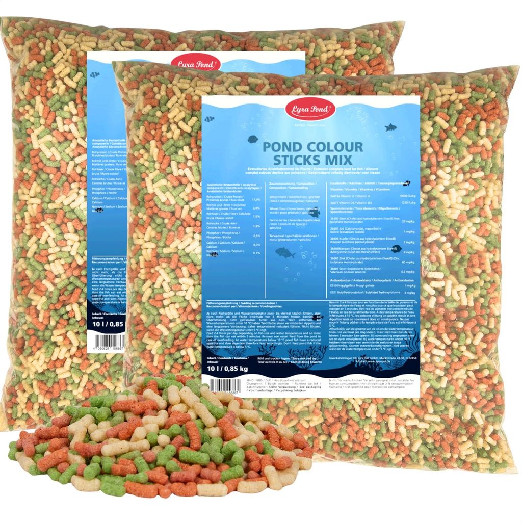 2 x 10 Liter (1,7 kg) Lyra Pond Pond Colour Sticks Koi Mix Fischfutter Teichfutter