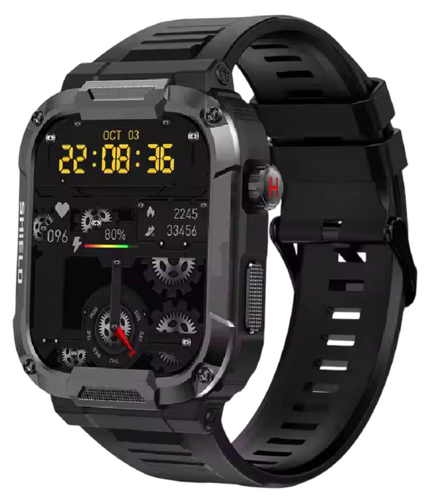 Schwarze robuste Smartwatch mit digitalem Display, das Uhrzeit, Datum, Herzfrequenz, Akkustand, Schritte und ein Zahnrad-Zifferblatt anzeigt