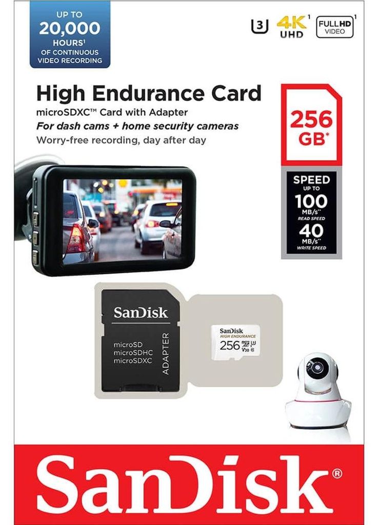 SanDisk High Endurance, 256 GB, MicroSDXC, Klasa 10, UHS-I, Zdjęcie produktu 