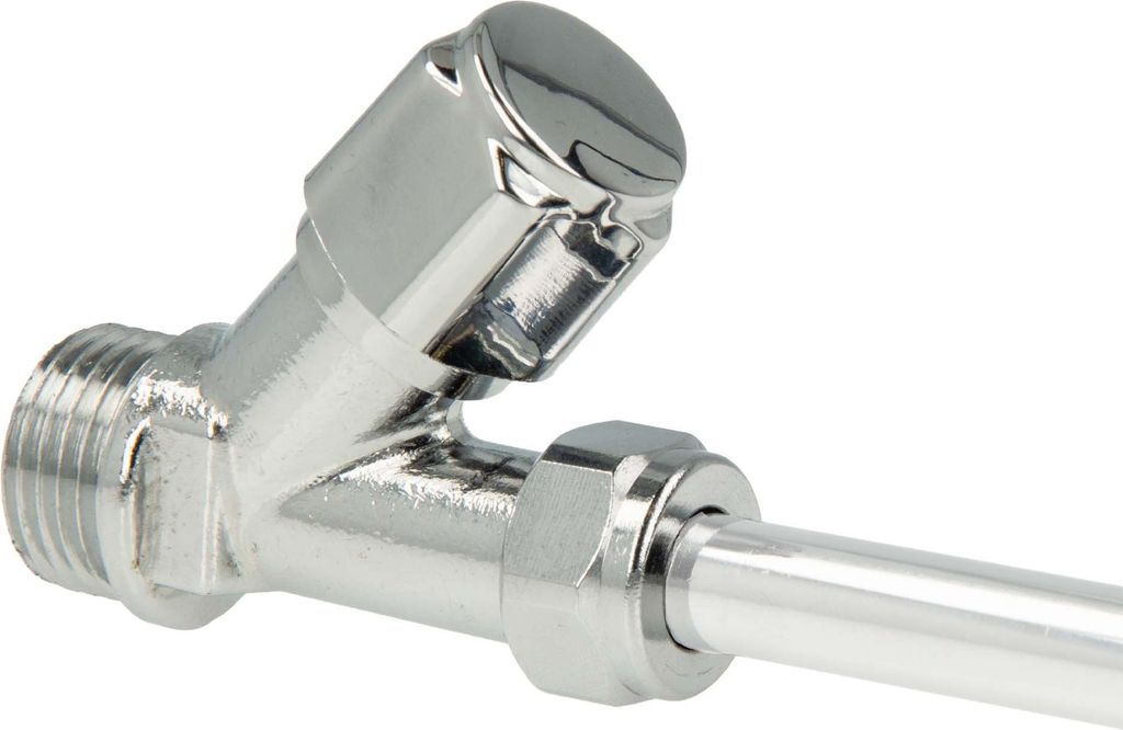 A close-up shot of a chrome-plated plumbing valve.