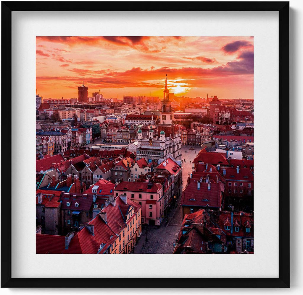 Poznan - Panorama– Wandbild mit Rahmen – Gerahmtes Bild – Wanddekoration – 50x50 cm – Schwarz Rahmen
