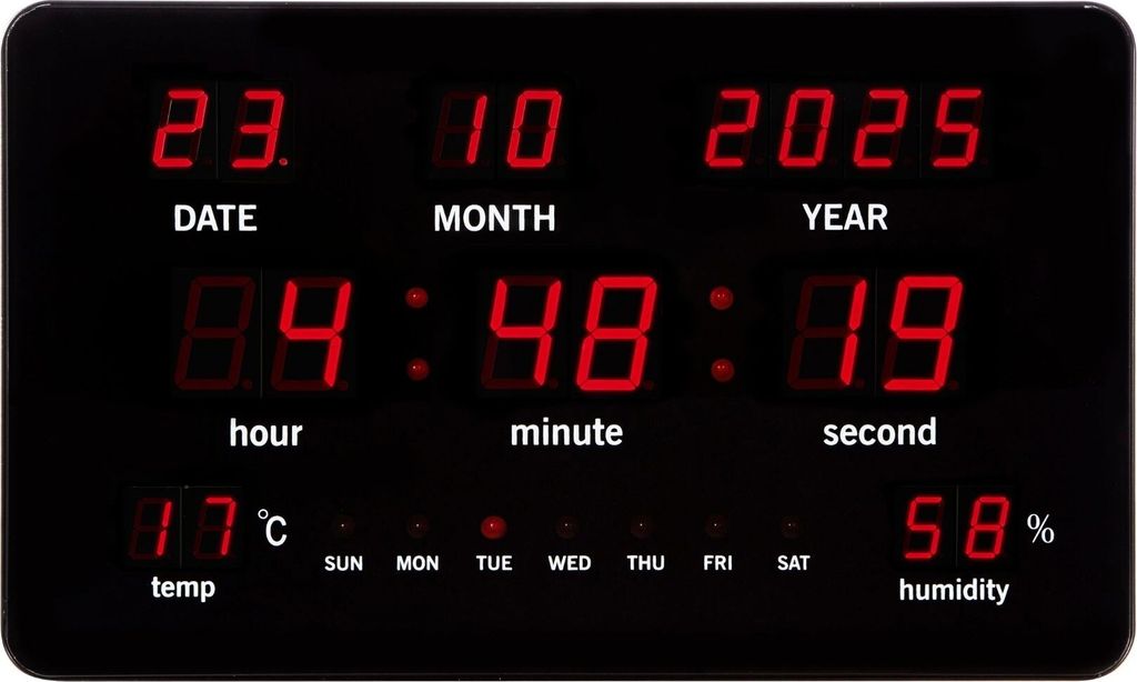 Perel Digitale LED-Wanduhr schwarz mit großen roten LED-Ziffern, Anzeige von Uhrzeit Datum