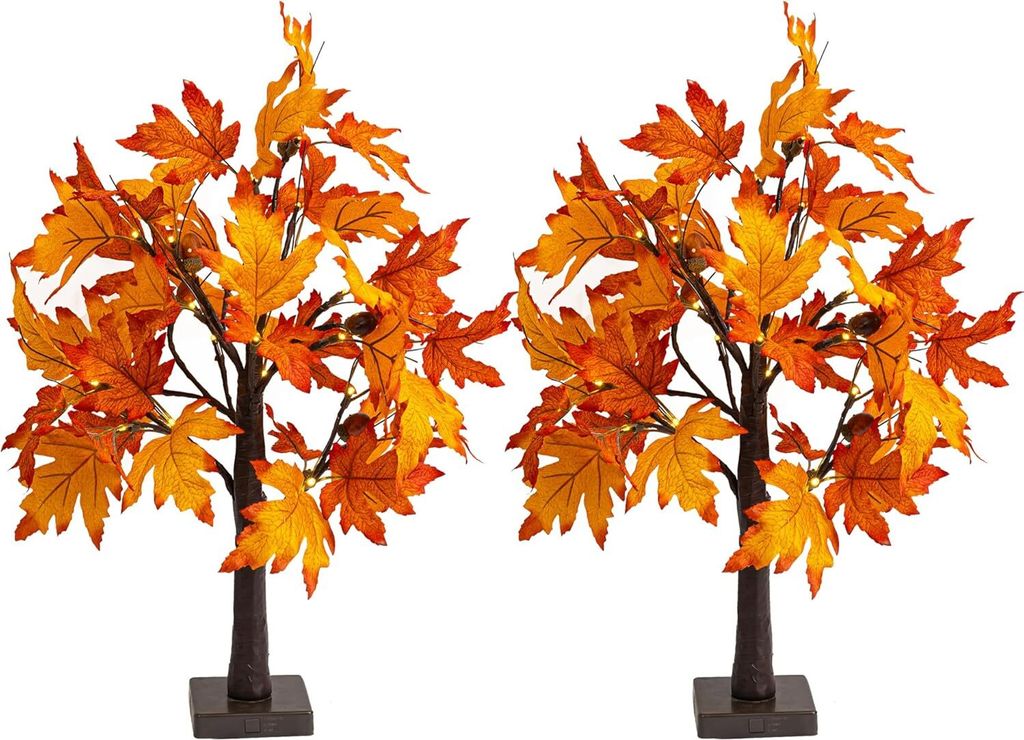 2er-Pack 24 Zoll beleuchteter Thanksgiving-Ahornbaum-Dekor für den Herbst, 24 LEDs, batteriebetriebene Dekorationen, künstlicher Baum mit Timer f...