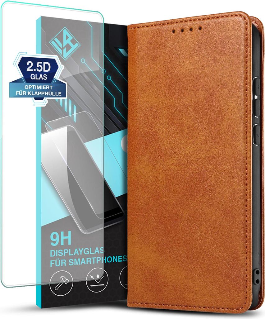 Handyhülle für Samsung Galaxy A57 5G mit 9H Displayglas Kunstleder Flip Cover Hülle Handytasche Case Kartenfach Farbe: Hellbraun