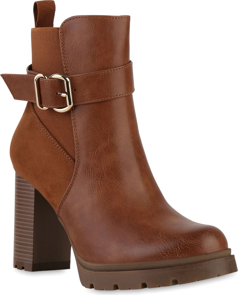 VAN HILL Damen Leicht Gefütterte Biker Boots Schnallen Profil-Sohle Schuhe 840735, Farbe: Hellbraun, Größe: 40