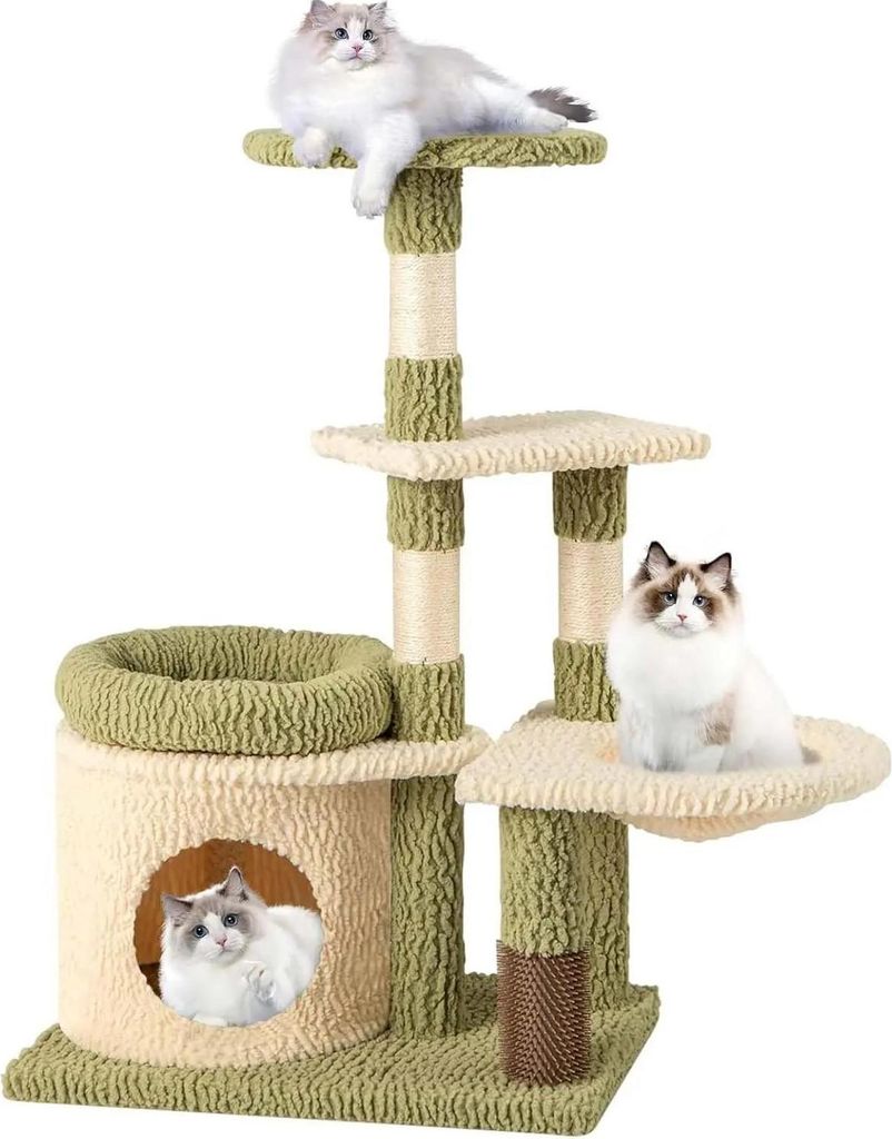 Katzenbaum - Kratzbaum - 4 Ebenen - Holz - Plattformen - Katzenhöhle - Hängematte - Grün