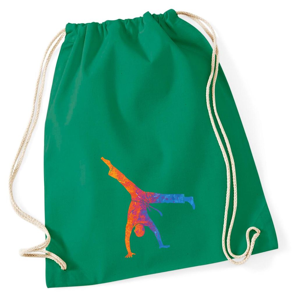 Huuraa Turnbeutel Capoeira bunte Silhouette 12 Liter Kelly Green Baumwolle Rucksack Geschenkidee