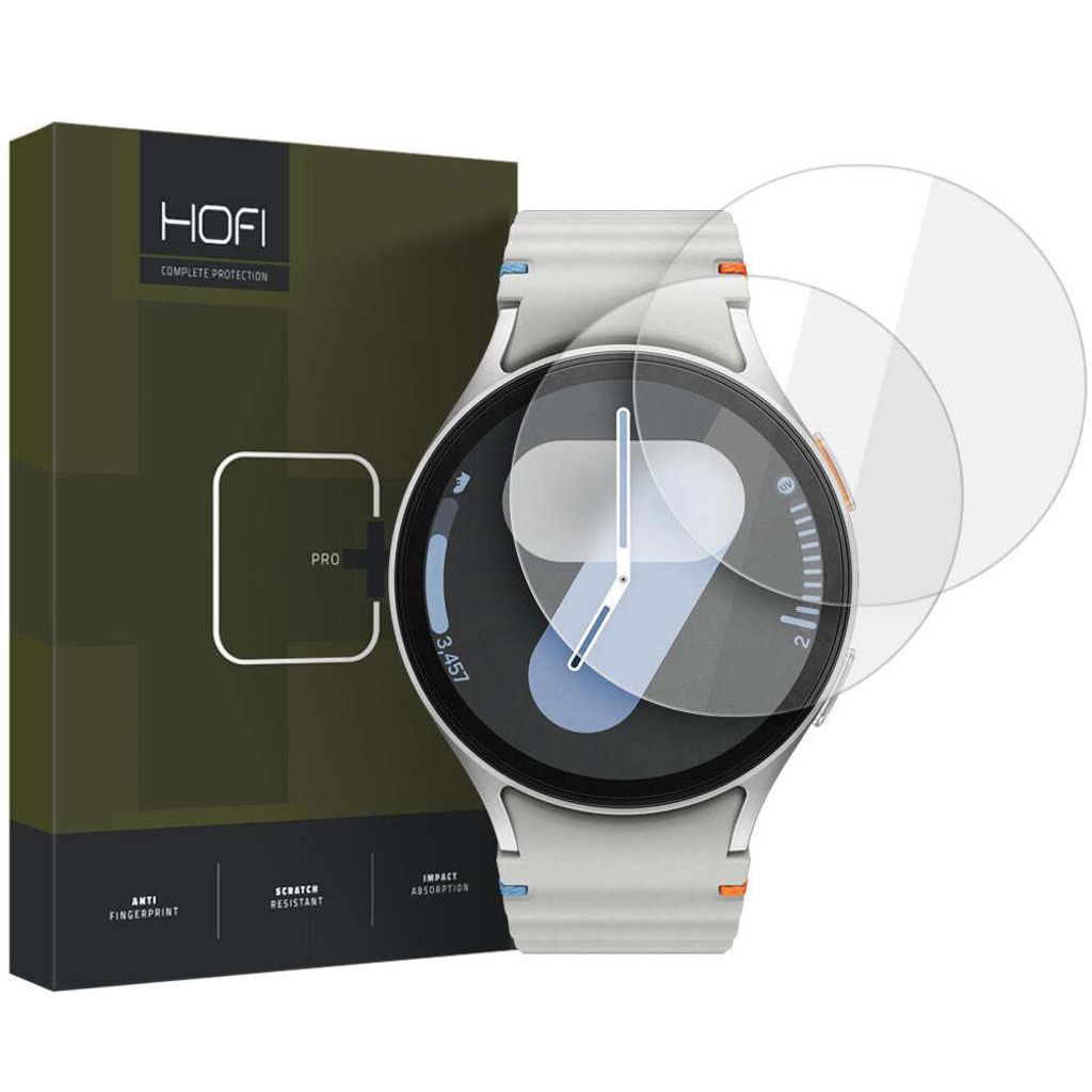 A smartwatch with screen protectors and its packaging.