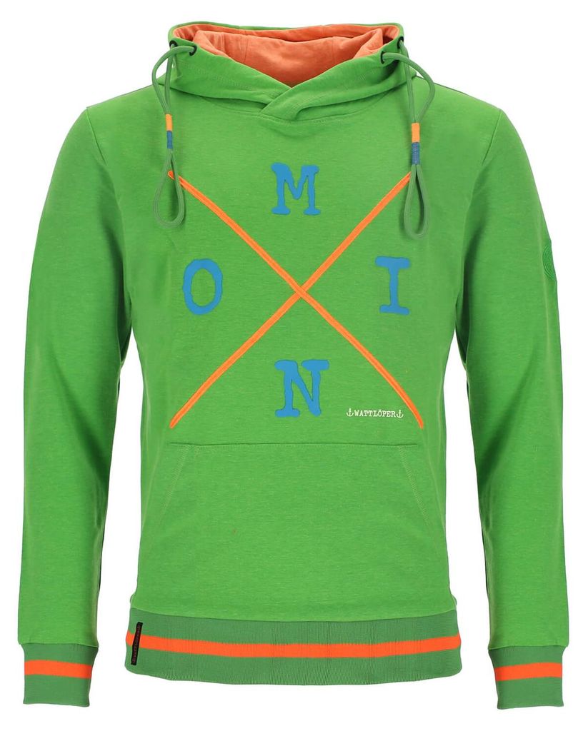 Wattlöper Herren Sweathoody mit Schriftzug "Moin" - Pullover mit Kapuze mit 3-farbigen Bändern in Apfelgrün Größe 4XL