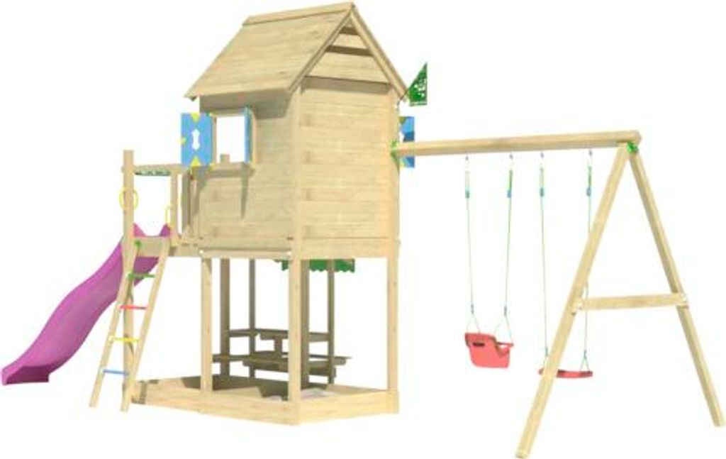 Doppelschaukel Spielhaus mit Stelzen Jungle Gym 678 x 265 cm Holz fuchsia