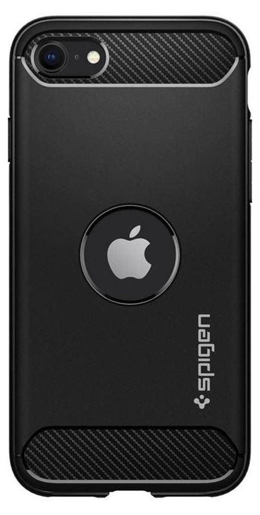 A black Spigen Rugged Armor phone case for an iPhone SE is shown from the back.