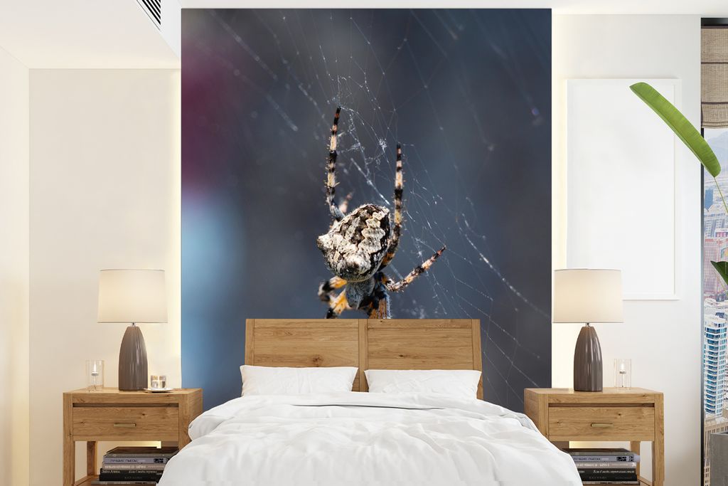 MuchoWow Fototapete für Wohnzimmer oder Schlafzimmer Wandtapete Vinyl Motivtapete Große Spinne im Spinnennetz - 195x260 cm - Wandbild