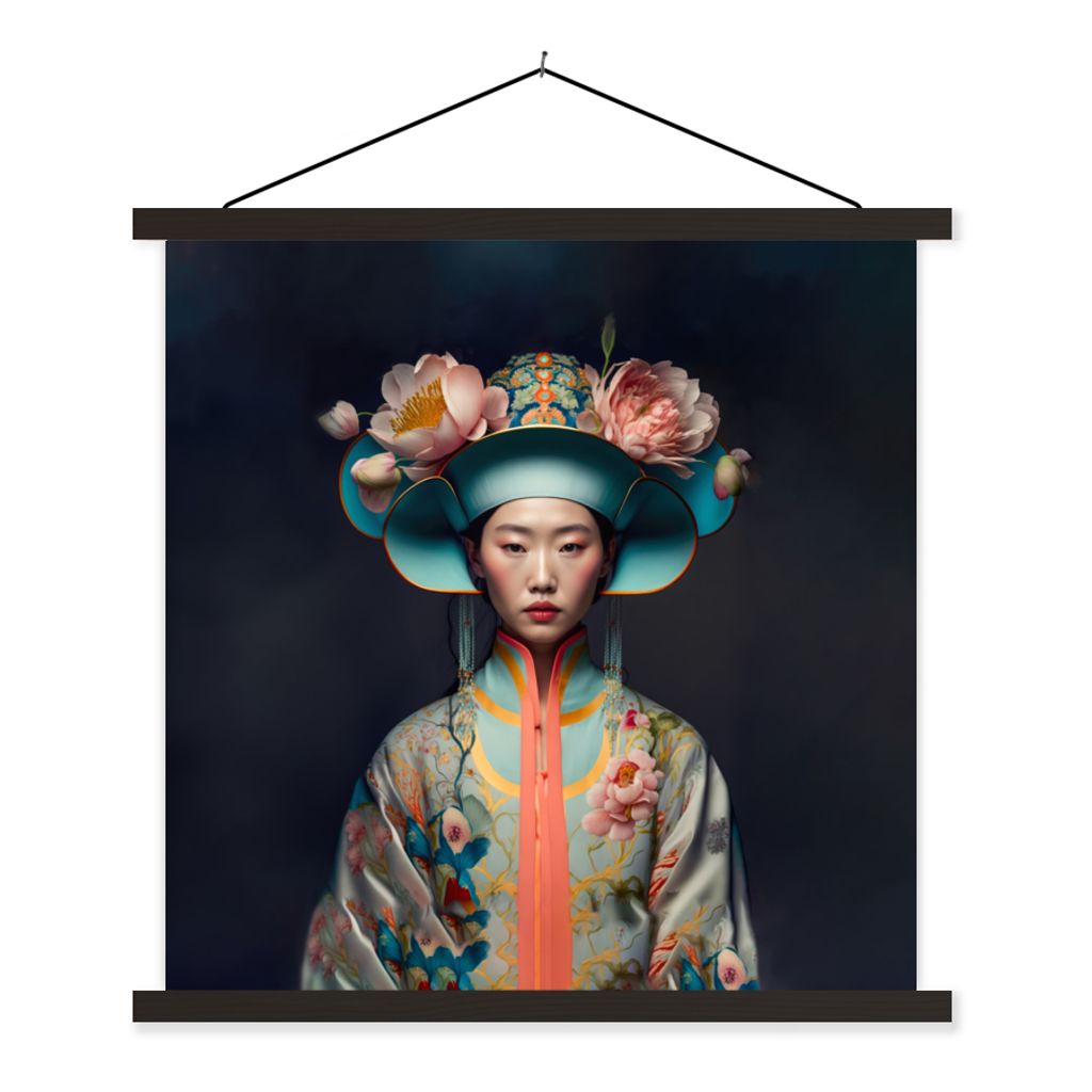MuchoWow Textilposter Frauen - Asiatisch - Porträt - Kleidung - Blumen 120x120 cm mit schwarzem Rahmen - Aufhängungsset