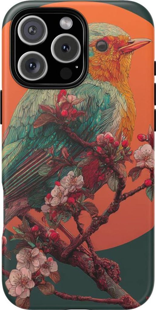 Bunter Vogel mit Blüten und orangefarbenem Mond – Hülle Kompatibel mit iPhone 16 Pro Max