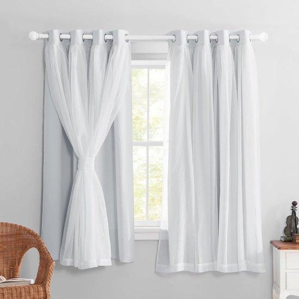 Meisjeskinderkamergordijn, 2 Stück, 160 x 132 cm, kurze Vorhänge mit gerümpelter Voile-Verzierungen, doppelreihige Rolloschatten mit Nieten, gra...