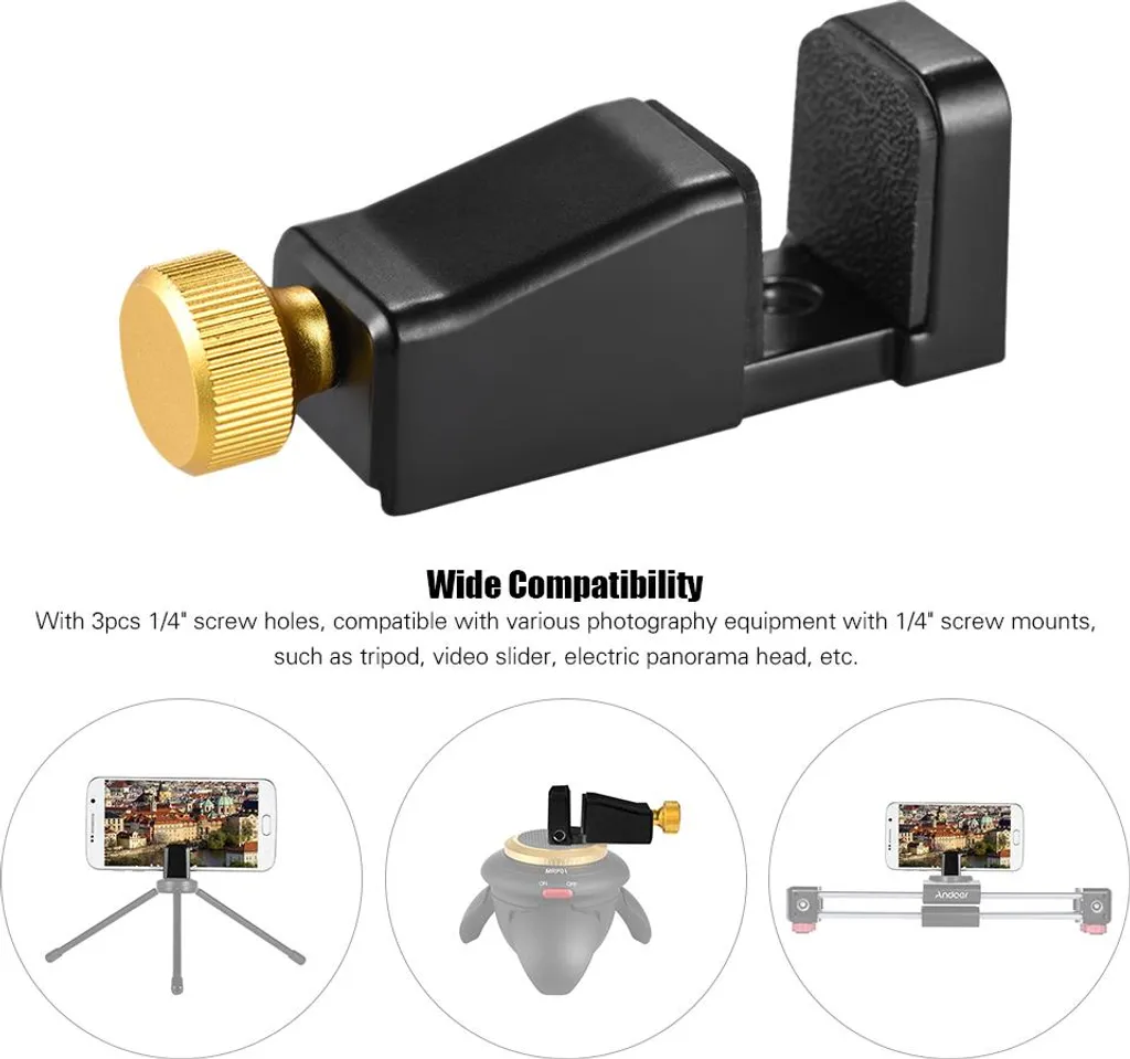 LC-12 Supporto regolabile per telefono cellulare in metallo, mini morsetto per telefono cellulare, adattatore per treppiede con 3 pezzi fori per viti da 1/4 di pollice per iPhone, Samsung, Huawei, Xiaomi, smartphone, video slider - 5