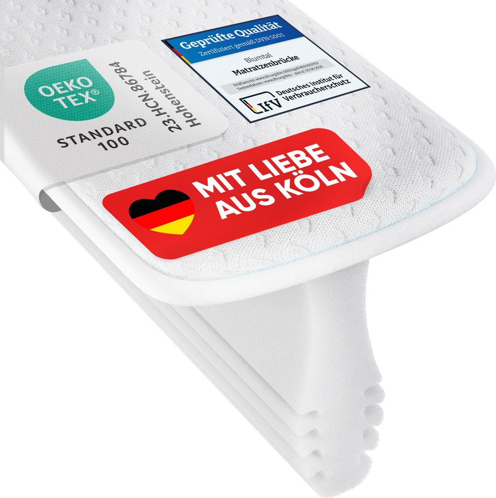 A close-up product shot of a white mattress wedge or gap filler, featuring several quality and branding labels.