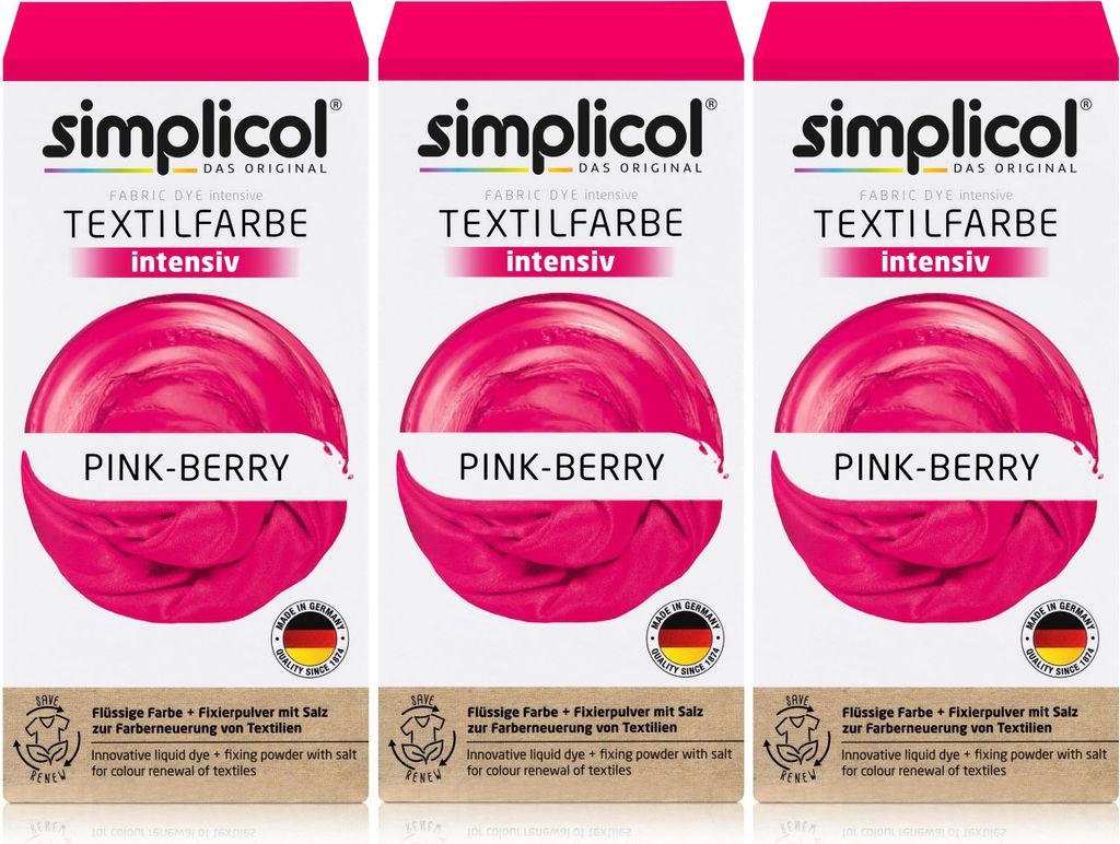 Simplicol Textilfarbe intensiv Pink-Berry Flüssigfarbe, Fixierer (3er Pack)
