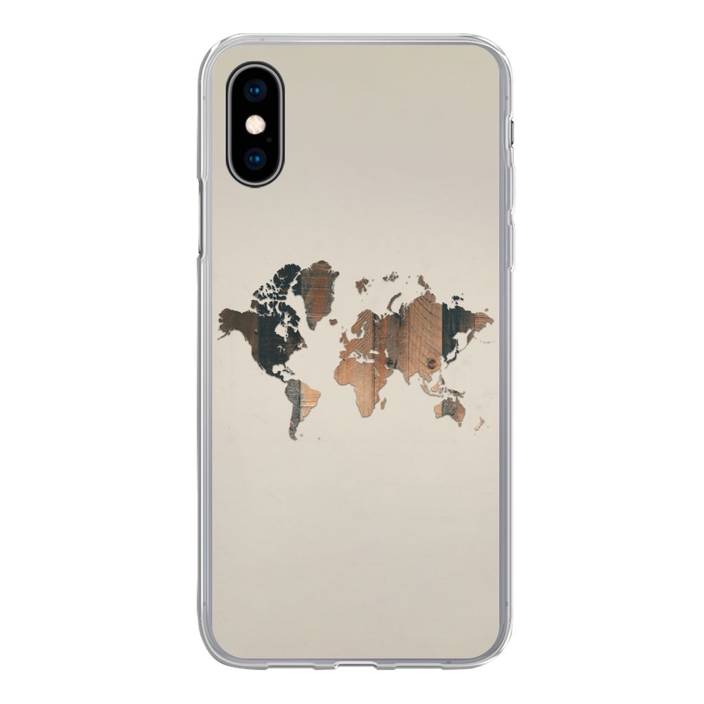 MuchoWow Handyhülle Schutzhülle Hülle für iPhone X Weltkarte -Holz - Regal Silikon Softcase Handy Hülle - Handyhülle