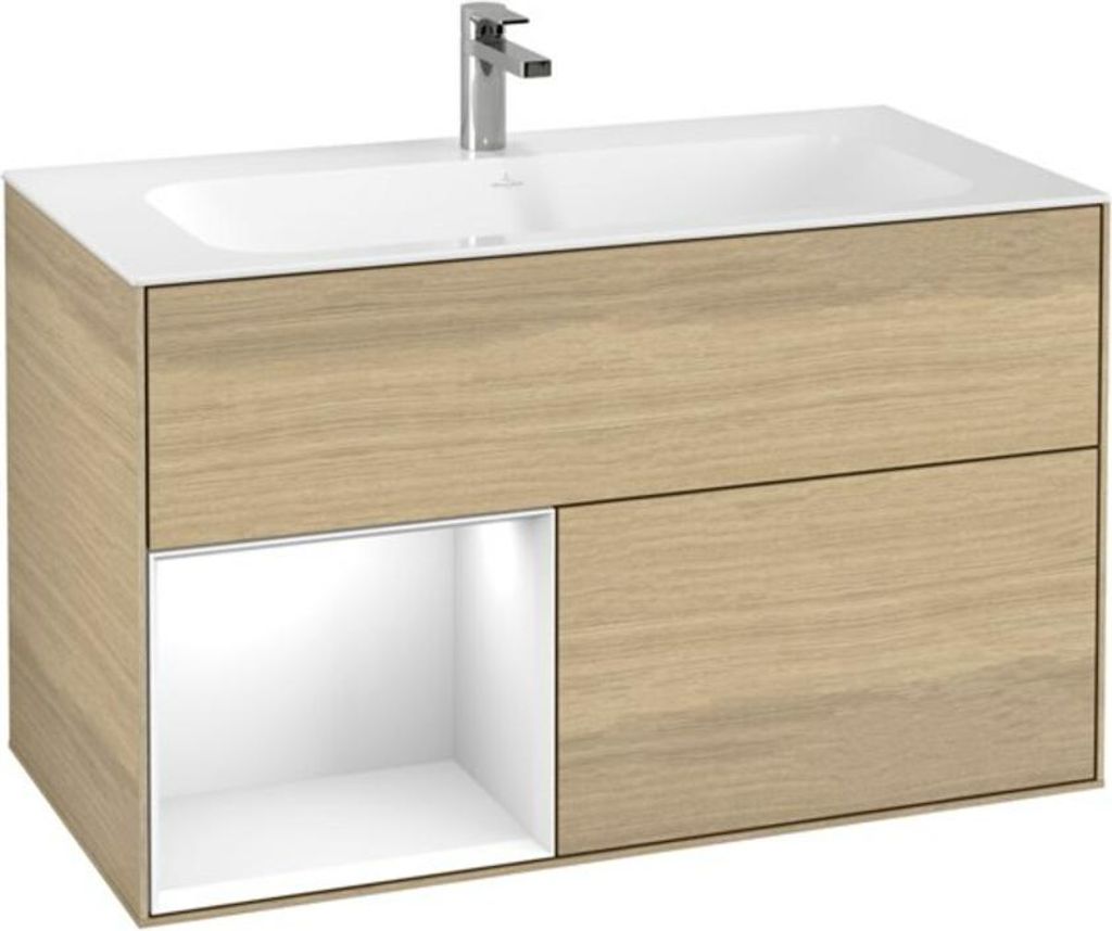V&B Waschtischunterschrank Finion Reg li Glossy white lacquer, Oak Veneer