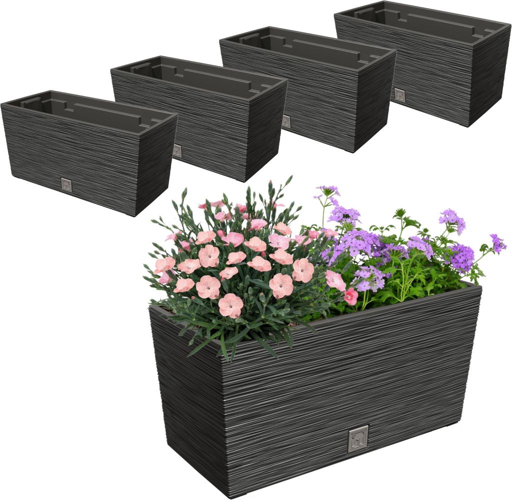4 Stck. Blumenkasten Meißel Balkonkasten Pflanzkasten Anthrazit 12L 39,5 cm mit Topf Einsatz 8L Pflanzkübel Einzigartiger Blumentopf Kunststoff S...