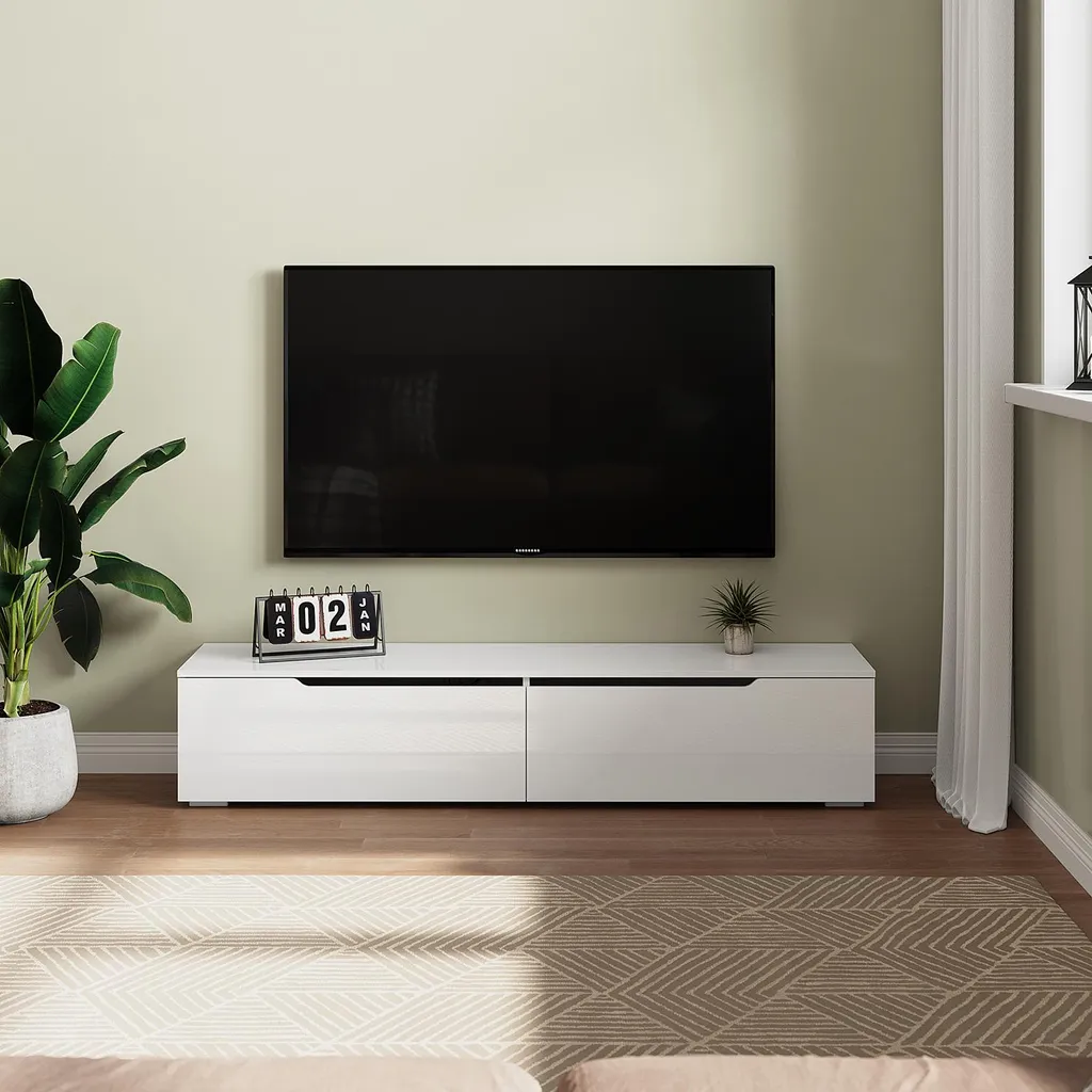 Meuble TV Suspendu Blanc Brillant LED SONNI 160 cm - Rangement Mural - 2