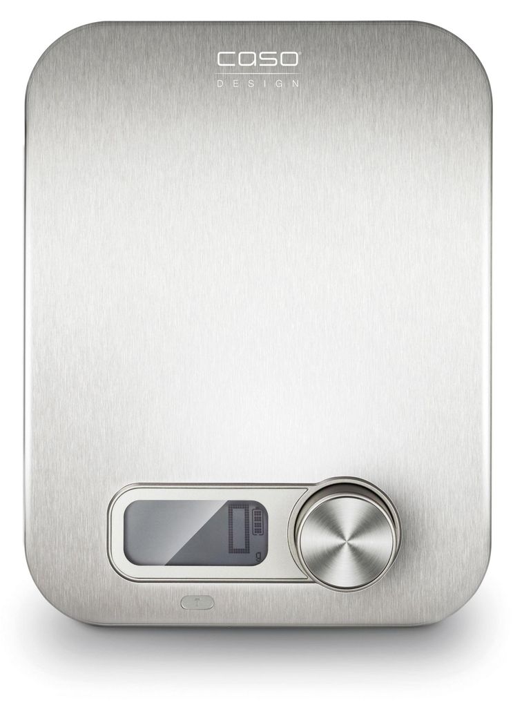 A top-down view of a stainless steel kitchen scale.