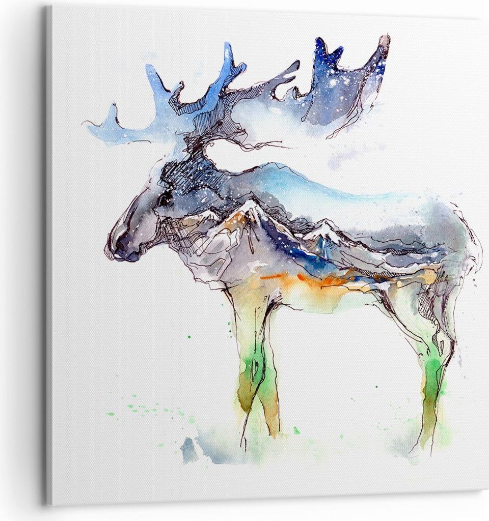 Bild auf Leinwand - Leinwandbild - Moose Berge Winter illustration - 60x60cm - Wand Bild - Wanddeko - Leinwanddruck - Bilder - Kunstdruck - Wanddek...