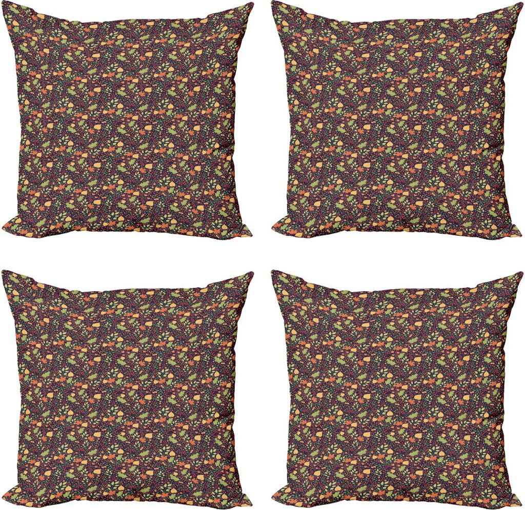 ABAKUHAUS Natur Kissenbezug Set (4 Stück), Blätter Eicheln und Beeren, Moderner Doppelseitiger Digitaldruck, 40 cm x 40 cm, Indigo und Multicolor