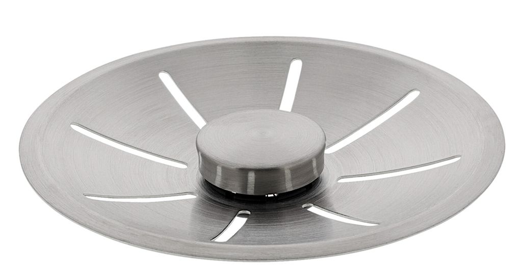 A stainless steel sink strainer with a central knob and slotted openings.