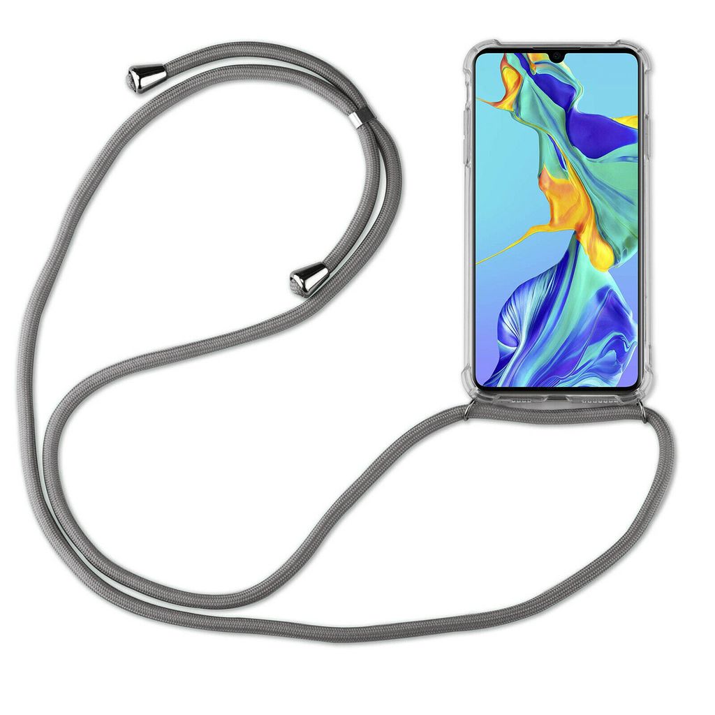Handy Hülle mit Band Schutzhülle Handykette Seil Silikon Handy Tasche mit Schnur Huawei P20 Pro Grau