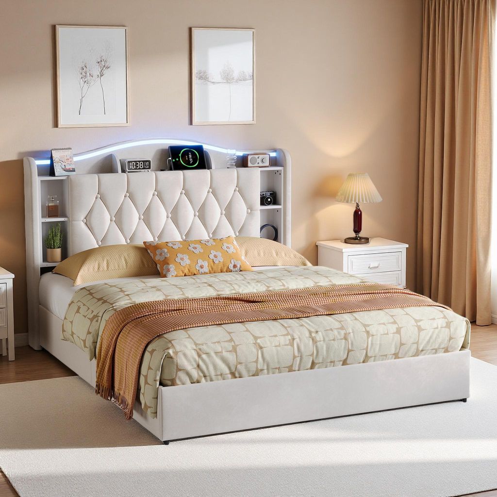 UnboxG Polsterbett 160x200 cm Beige mit LED & Stauraum, Produktbild 
