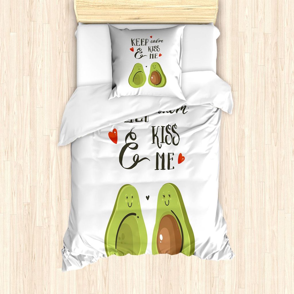 ABAKUHAUS Valentinstag Bettbezug Set, Cartoon-Avocado-Liebhaber mit Pop-Kultur halten ruhigen Slogan, 135 x 200 cm + 80 x 80 cm, Grau Grün Braun