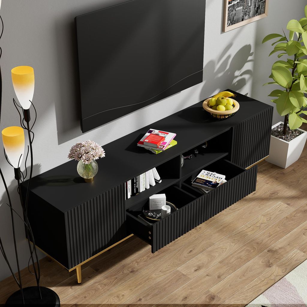 MODFU Meuble TV Noir avec 2 Portes et 2 Tiroirs, Meuble Bas Image du produit 