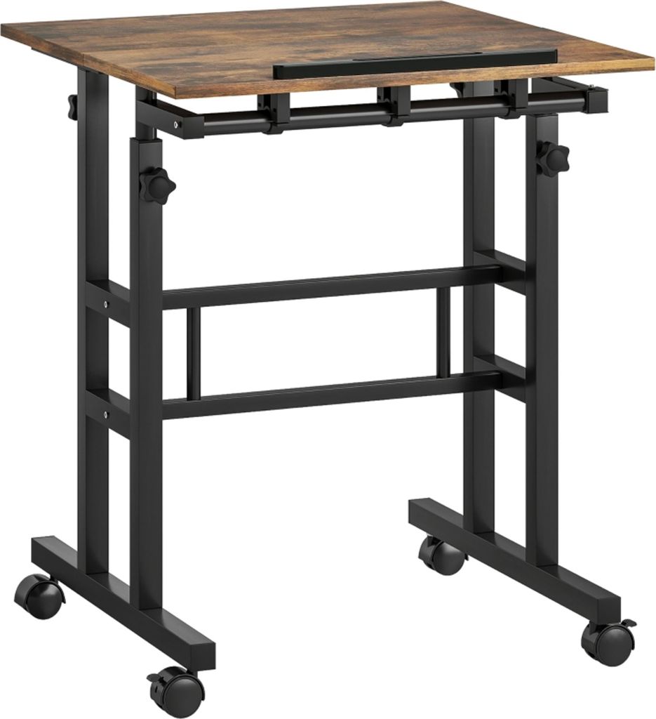 Chreibtisch Höhenverstellbar Küchentisch mit Regal, Rollen, Computertisch Rustikal Braun 60 x 60 x 70,5-120 cm