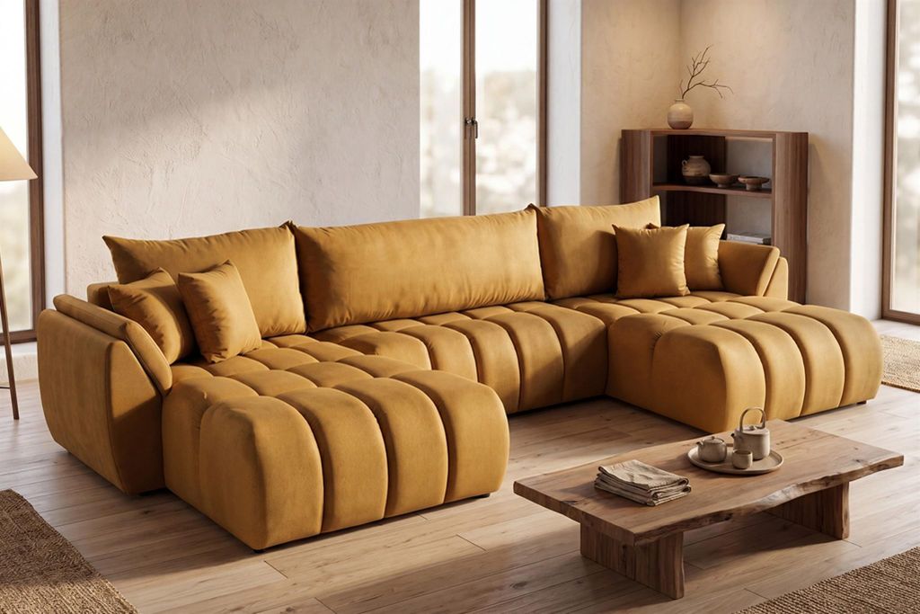 Wohnlandschaft mit Schlaffunktion COLLIN Sofa in Stoff Monolith Honiggelb