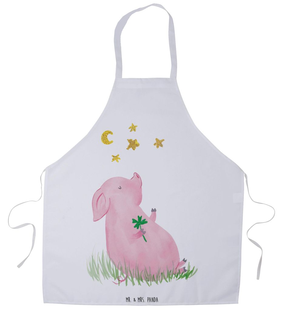 Mr. & Mrs. Panda Schürze Schwein Glück - Weiß - Geschenk, Grillmeister-Schürze, Kochschürze, Sterne, Küchenzubehör, Schweinchen, Motivation,...