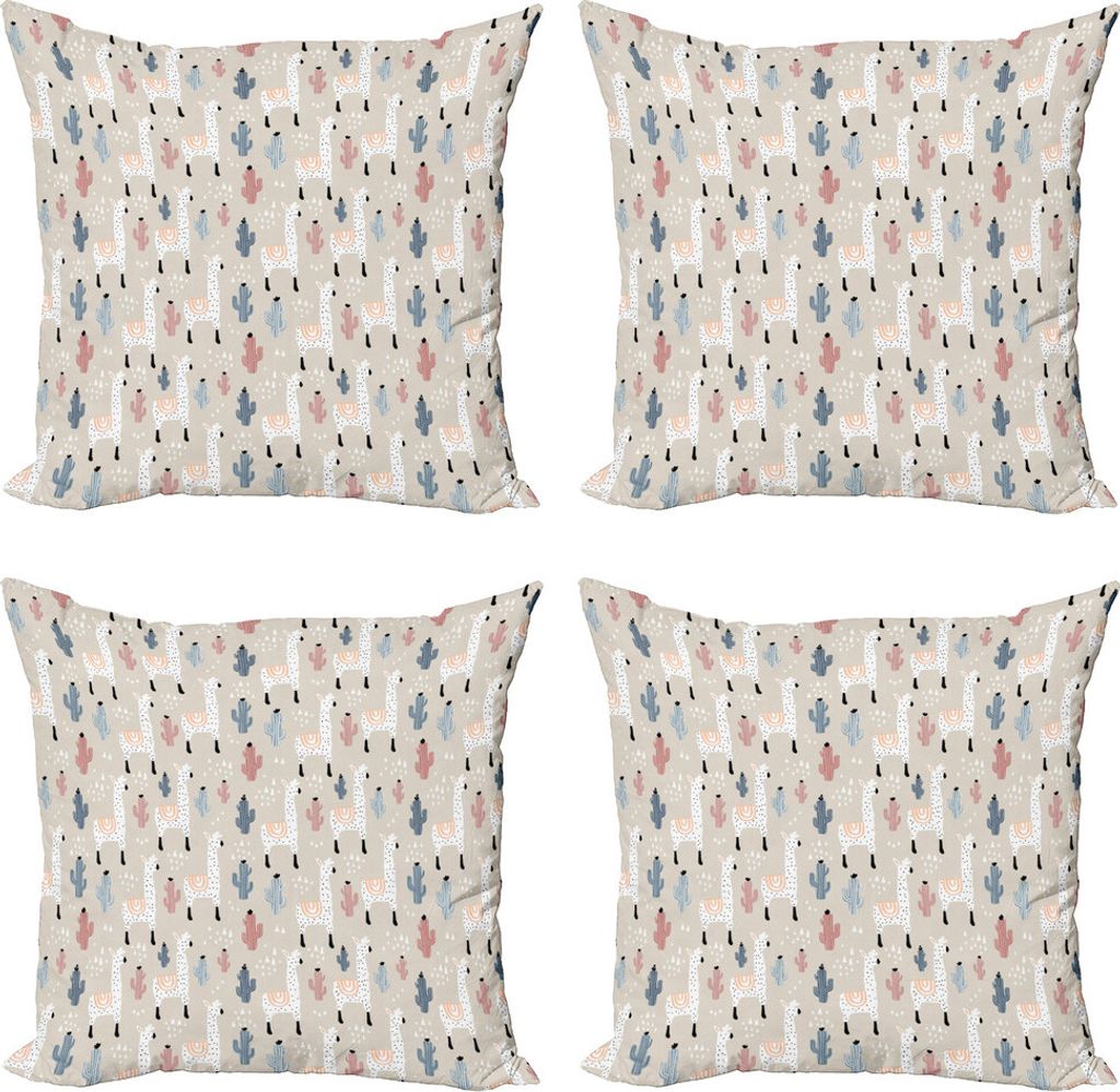 ABAKUHAUS Lama Kissenbezug Set (4 Stück), Childish Cactus Tier, Moderner Doppelseitiger Digitaldruck, 60 cm x 60 cm, Mehrfarbig