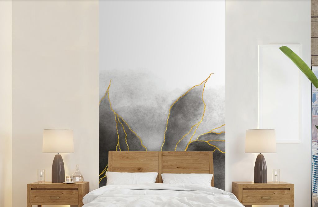 MuchoWow Fototapete für Wohnzimmer oder Schlafzimmer Wandtapete Vinyl Motivtapete Marmor - Schwarz - Gold - Luxus - Marmoroptik - 120x240 cm - H...