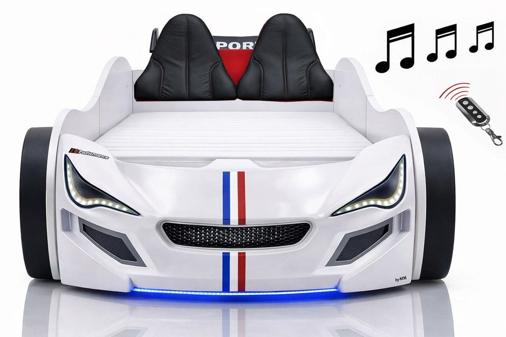 Autobett Kinder 90x200 Jungen LED Leuchte Unterbodenbeleuchtung Sound Fernbedienung, Farbe wählen:Weiß, Sportsitze:inkl. Sportsitze, Matratze:ink...