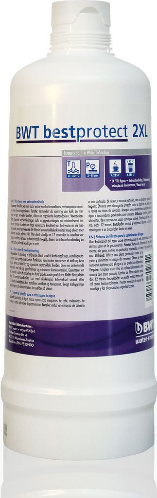 A white plastic bottle with a purple label containing product information and icons.