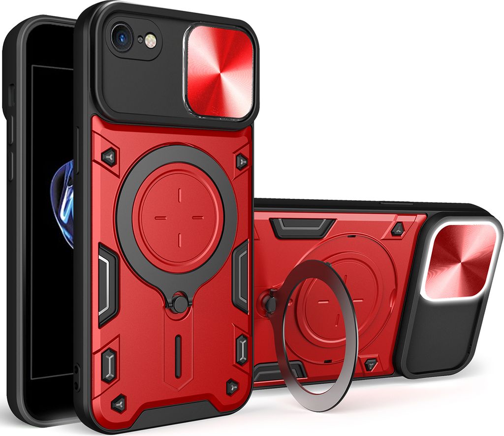Handyhülle für iPhone 8 / 7 /iPhone SE 2020/2022 Dual-Layer Stoßfest Rüstung Hülle mit Dia Kameraschutz und Kreisförmig Ring Ständer Rot