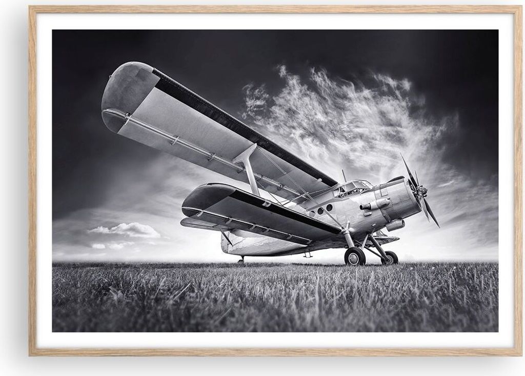 Gerahmtes Poster - Rahmen in heller Eiche - Flugzeug An-2 Schwarzweiß - 100x70 cm - Wand Bild - Wanddeko - Wandbilder - Wandposter - Bilderrahmen ...