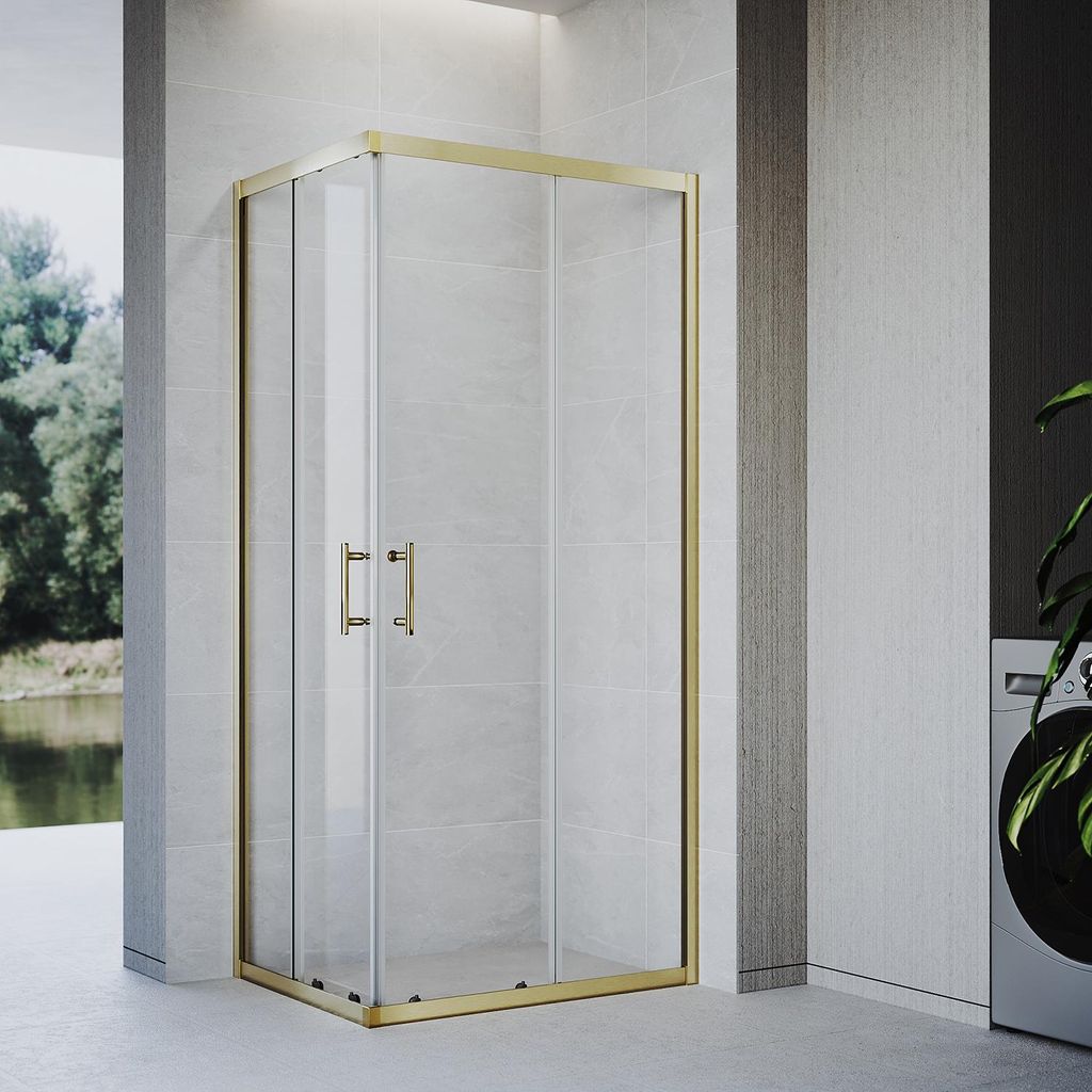 SONNI 80 x 90 x 195 Gebürstetes Gold Duschabtrennung , Schiebetür mit Ober- und Unterschiene, 5 mm Glas, Türrahmen mit 20 mm Verstellbereich